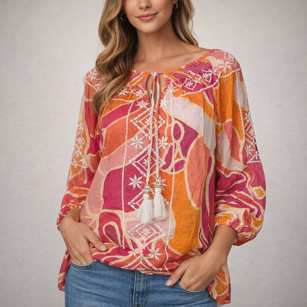 Christian Siriano Colorful Boho Embroidered Tunic Blouse | Size L